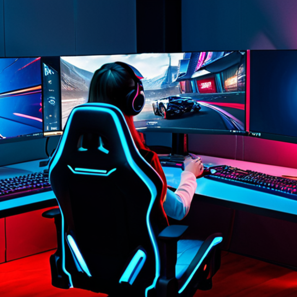 ** "A professional female gamer in a fully clothed, modern gaming outfit, sitting in a high-tech gaming chair in front of a multi-monitor setup, showcasing a Valorant match. The background features neon lighting and gaming peripherals. Safe for work, appropriate content, perfect anatomy, natural proportions, professional lighting, high resolution, family-friendly." **