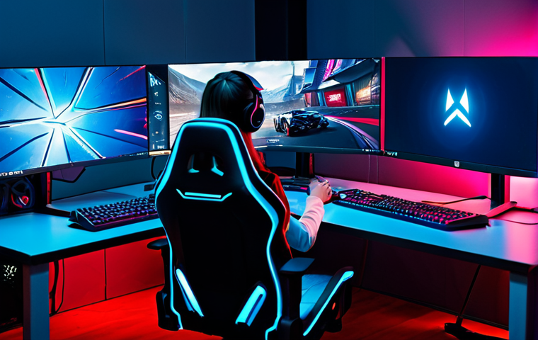 ** "A professional female gamer in a fully clothed, modern gaming outfit, sitting in a high-tech gaming chair in front of a multi-monitor setup, showcasing a Valorant match. The background features neon lighting and gaming peripherals. Safe for work, appropriate content, perfect anatomy, natural proportions, professional lighting, high resolution, family-friendly." **
