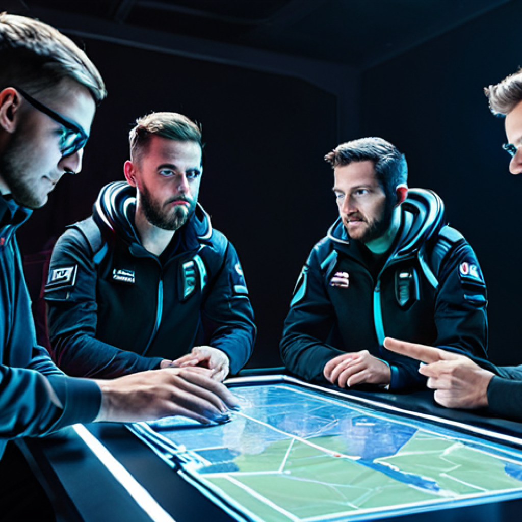 발로란트 최고의 경기 전략 - Team Communication** A Valorant team of five, fully clothed in tactical gear, strategizing around a...
