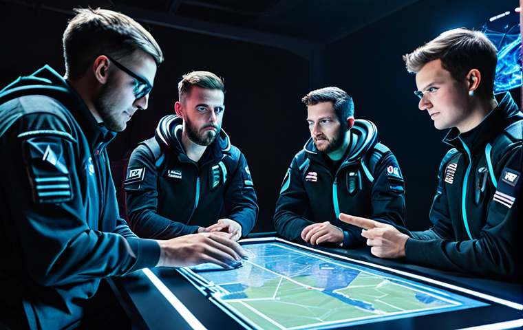 발로란트 최고의 경기 전략 - Team Communication** A Valorant team of five, fully clothed in tactical gear, strategizing around a...