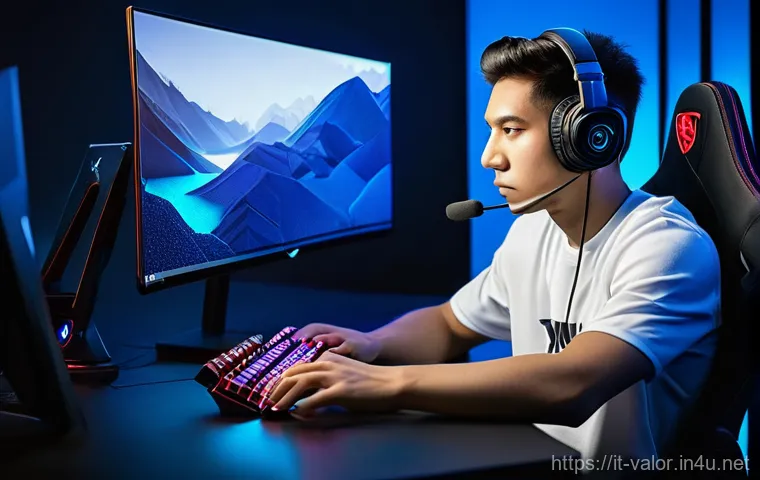 발로란트 프로 유저 세팅 분석 - A focused esports player, approximately 20-25 years old, engaged in an intense gaming session. They ...