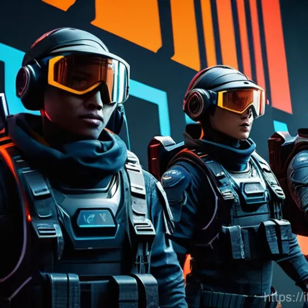 발로란트 초보자가 알아야 할 요소 - A diverse team of Valorant agents, fully clothed in their combat gear, executes a coordinated push o...