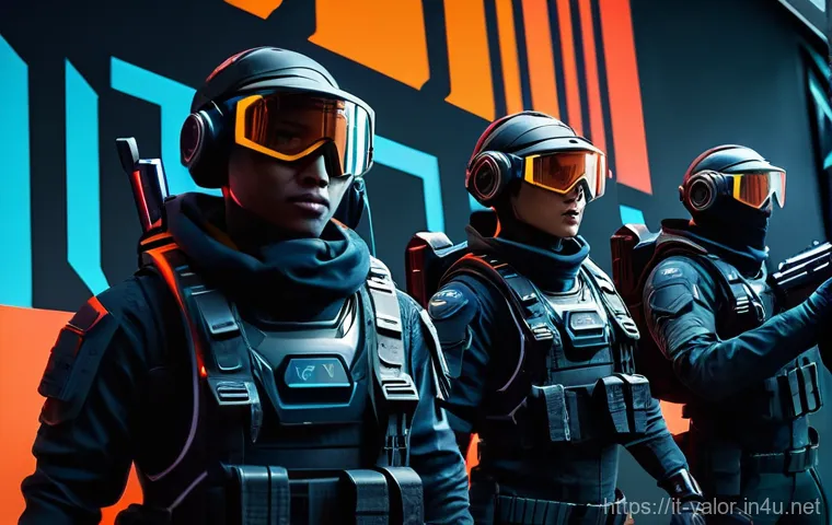 발로란트 초보자가 알아야 할 요소 - A diverse team of Valorant agents, fully clothed in their combat gear, executes a coordinated push o...