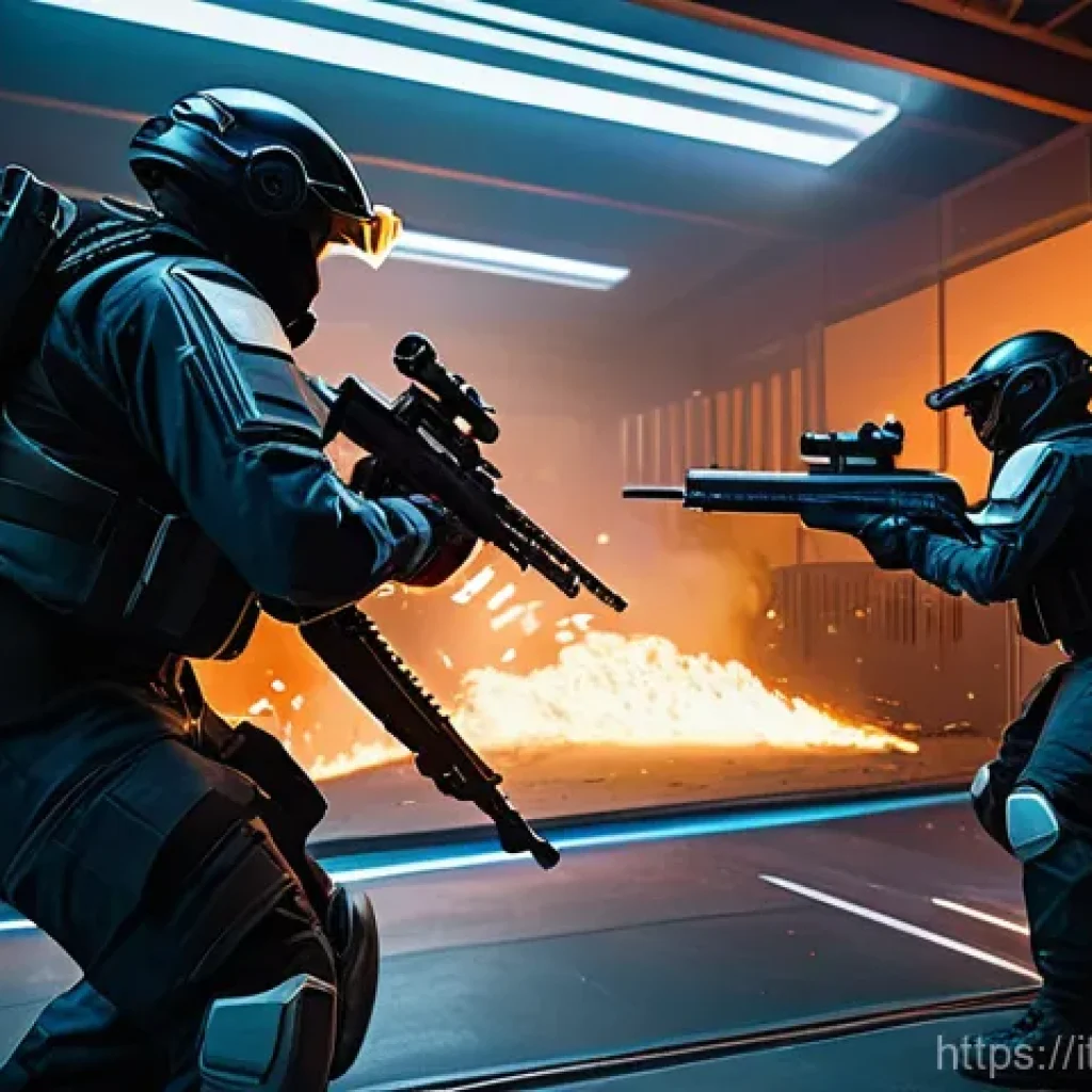 발로란트 신규 모드 가이드 - A dynamic, fast-paced firefight scene set in a compact, futuristic arena reminiscent of Valorant's "...