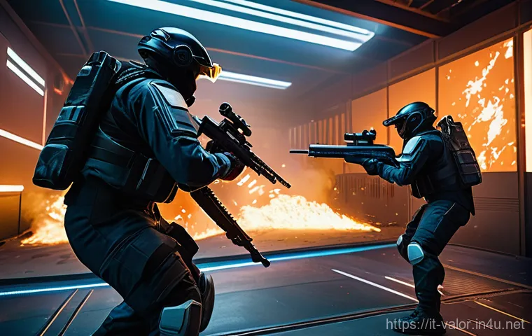 발로란트 신규 모드 가이드 - A dynamic, fast-paced firefight scene set in a compact, futuristic arena reminiscent of Valorant's "...