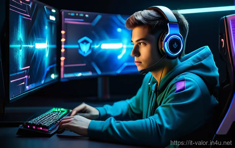 발로란트 계정 보안 설정법 - "A vigilant young adult gamer, gender-neutral, with a determined expression, is seated at a sleek, f...