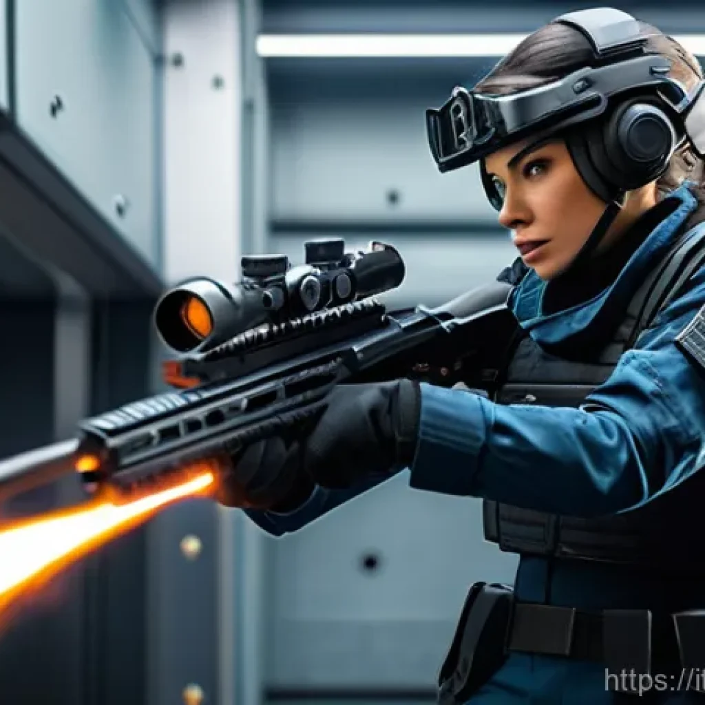발로란트 유저 경험 기반 꿀팁 - A Valorant agent, like Reyna or Jett, in a dynamic pose within the tactical training range. The agen...