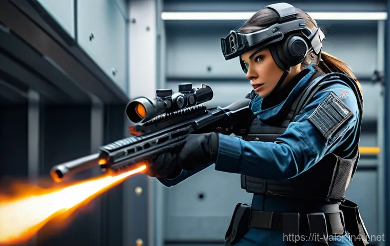 발로란트 유저 경험 기반 꿀팁 - A Valorant agent, like Reyna or Jett, in a dynamic pose within the tactical training range. The agen...