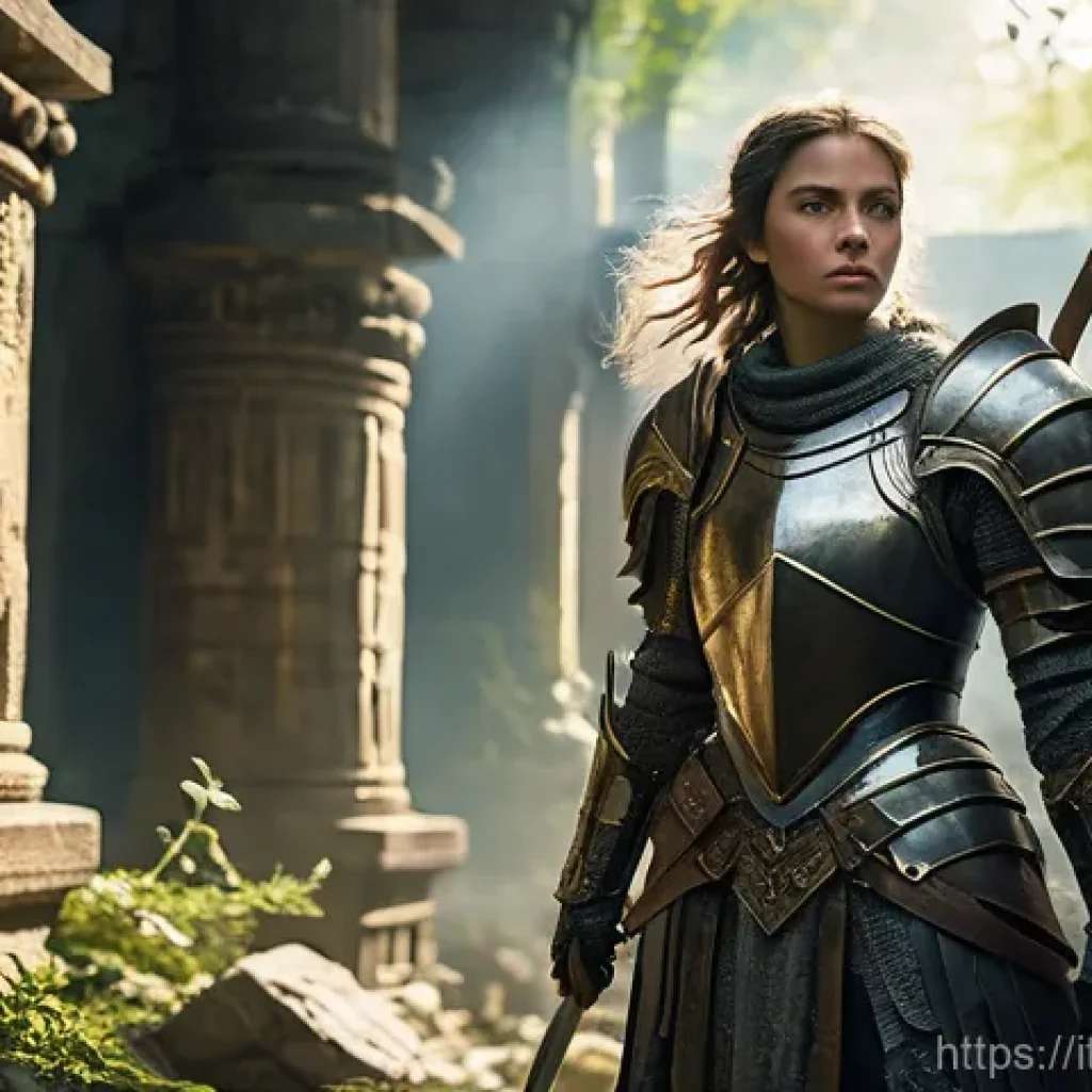 발로란트 듀오 플레이 전략 - A heroic female knight in gleaming, ornate, full plate armor stands valiantly amidst the crumbling s...