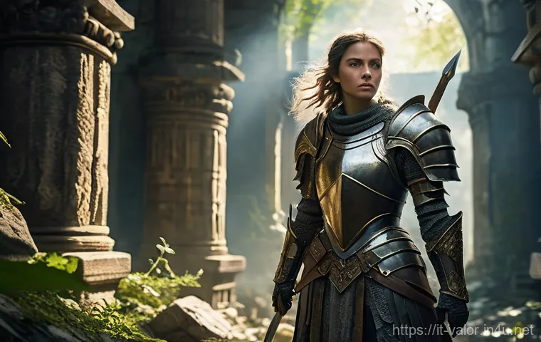 발로란트 듀오 플레이 전략 - A heroic female knight in gleaming, ornate, full plate armor stands valiantly amidst the crumbling s...