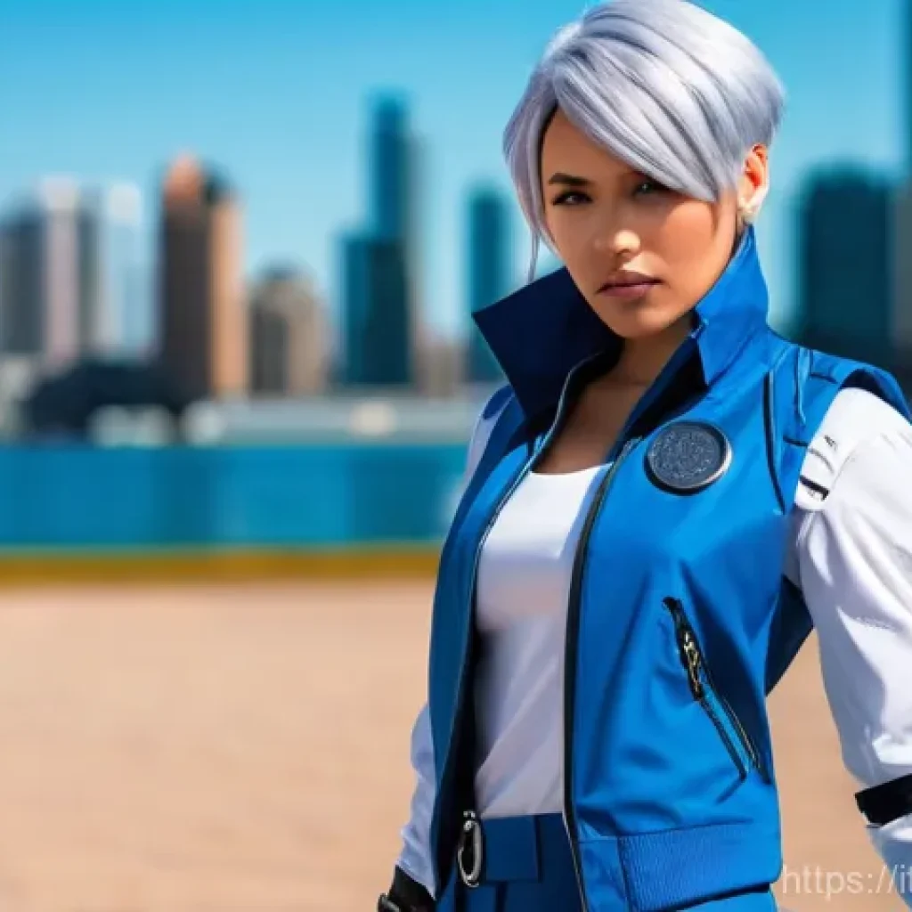 발로란트 코스튬 아이디어 - **Valorant Agent: Dynamic Jett Cosplay** A vibrant, full-body portrait of a female cosplayer emb...
