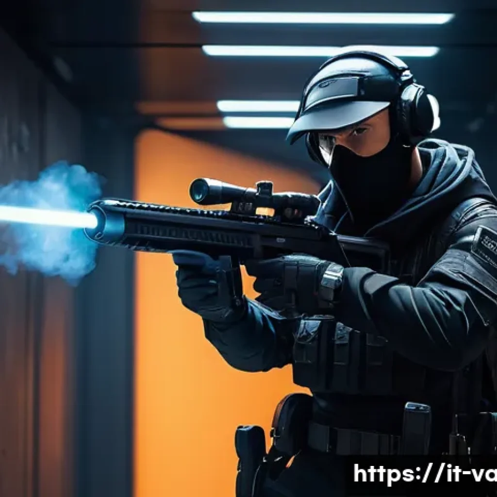 발로란트 신규 맵 활용 팁 - **Prompt:** A male agent resembling Chamber from Valorant, positioned strategically in the long mid ...