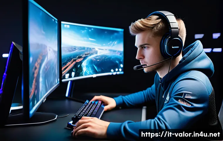 발로란트 최적 플레이 환경 설정 - A highly focused esports player, approximately 20-25 years old, wearing comfortable, stylish sportsw...