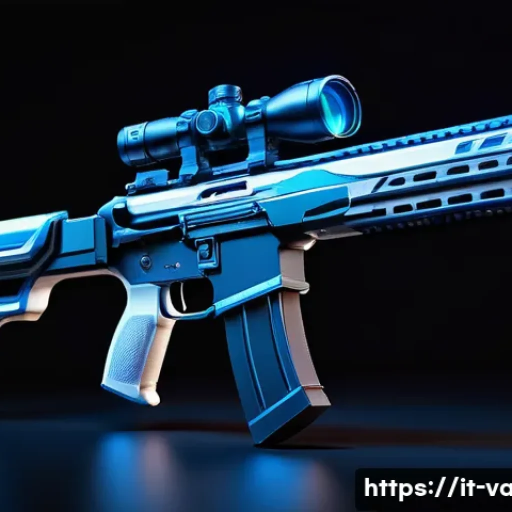 발로란트 프리미엄 스킨 구매 가이드 - A futuristic, clean Prime Valorant premium skin showcased on a sleek rifle with high-detail 3D model...