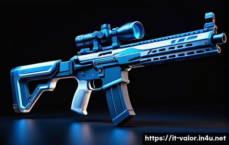 발로란트 프리미엄 스킨 구매 가이드 - A futuristic, clean Prime Valorant premium skin showcased on a sleek rifle with high-detail 3D model...