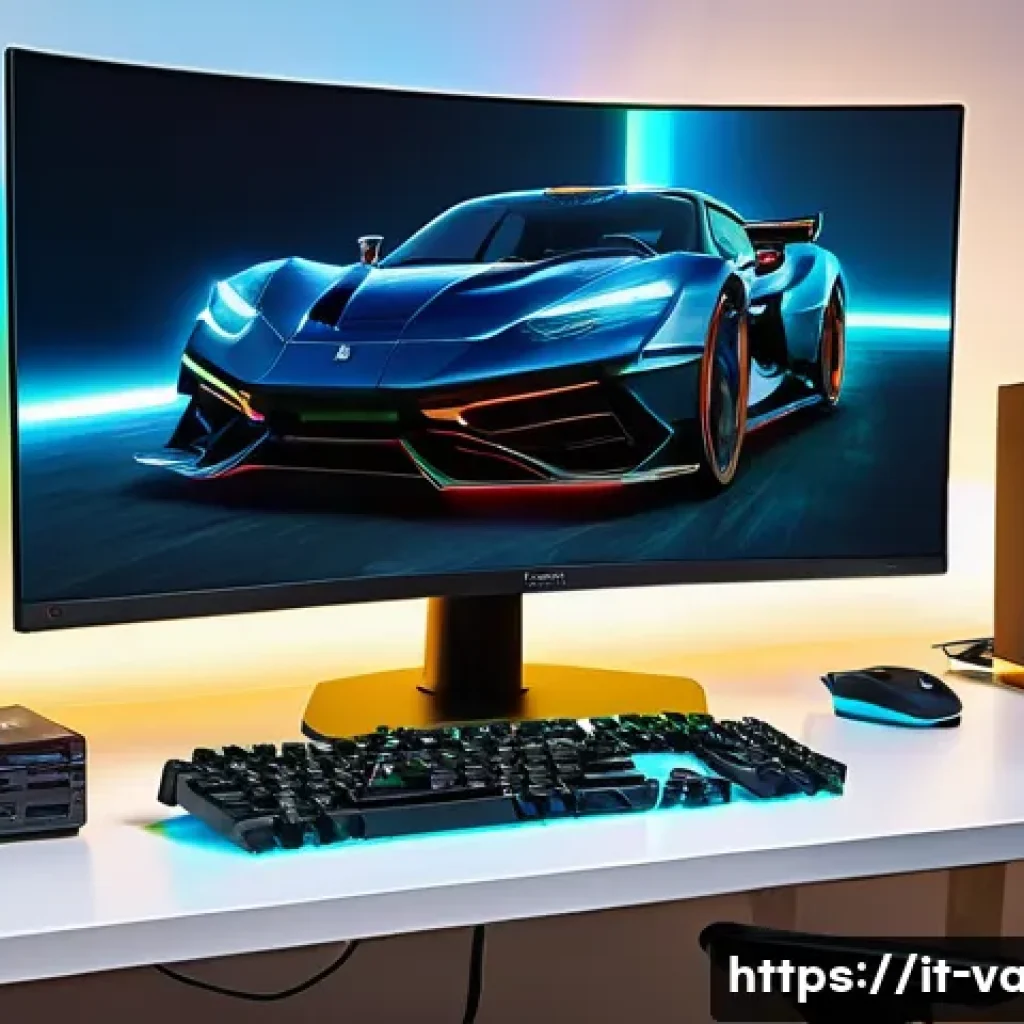 발로란트 블루스크린 오류 해결 - A high-tech gaming setup in a modern Italian living room, featuring a sleek PC tower with RGB lighti...