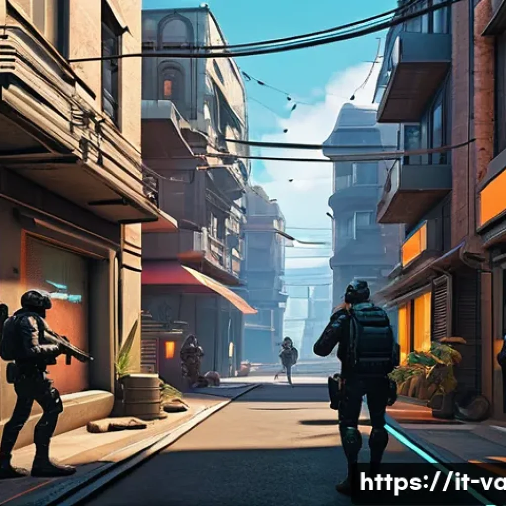 발로란트 게임 플레이 상식 - A high-stakes tactical gaming scene set in a futuristic urban map inspired by Valorant&rsquo;s Bind. The i...