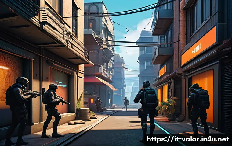 발로란트 게임 플레이 상식 - A high-stakes tactical gaming scene set in a futuristic urban map inspired by Valorant&rsquo;s Bind. The i...