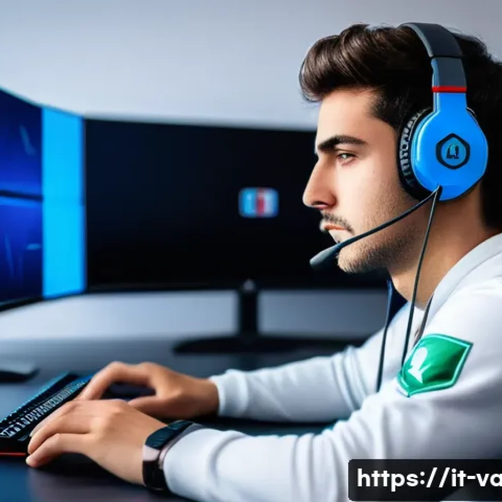 발로란트 실력 향상을 위한 멘탈 관리 - A focused young Italian esports player sitting at a sleek gaming desk in a modern, softly lit room, ...
