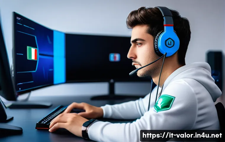 발로란트 실력 향상을 위한 멘탈 관리 - A focused young Italian esports player sitting at a sleek gaming desk in a modern, softly lit room, ...