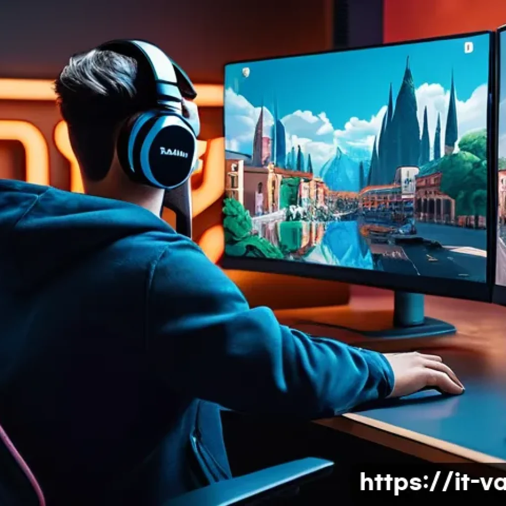 발로란트 콘텐츠 제작 아이디어 - A dynamic digital illustration of a young Italian Valorant content creator streaming live gameplay o...