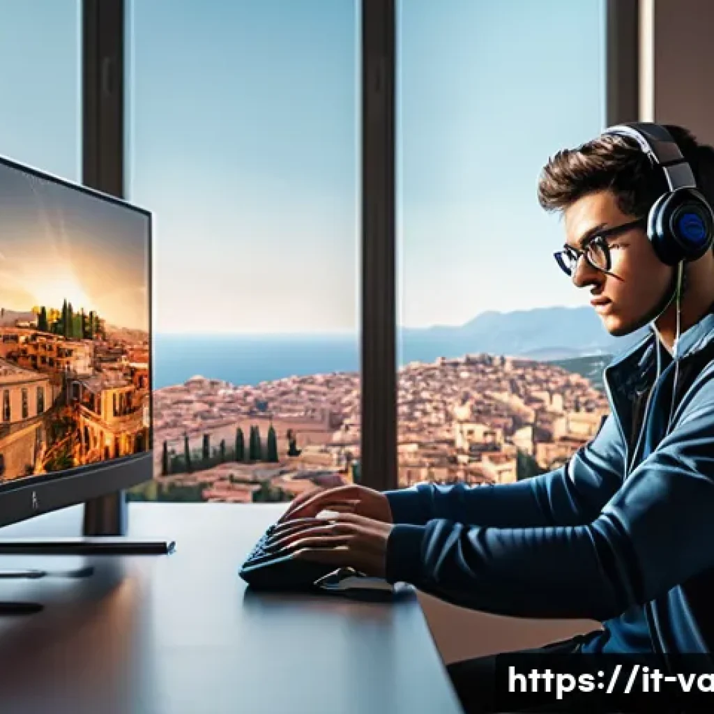 발로란트 단기 실력 향상 훈련법 - A detailed digital art scene of a focused gamer in a modern Italian-style room, practicing aiming dr...
