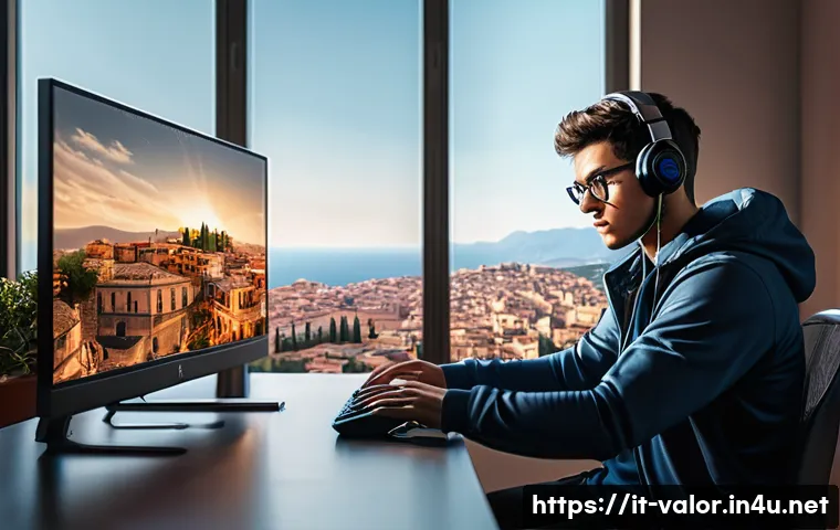 발로란트 단기 실력 향상 훈련법 - A detailed digital art scene of a focused gamer in a modern Italian-style room, practicing aiming dr...