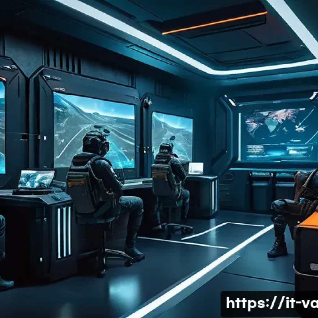 발로란트 맵별 필수 위치 - A dynamic tactical scene inside a futuristic Valorant map corridor, showcasing a diverse team of fou...