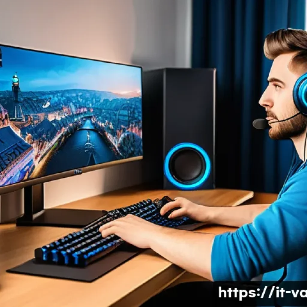 발로란트 유럽 서버 특징 - A dynamic esports gaming room set in a modern European apartment, featuring a young adult player foc...