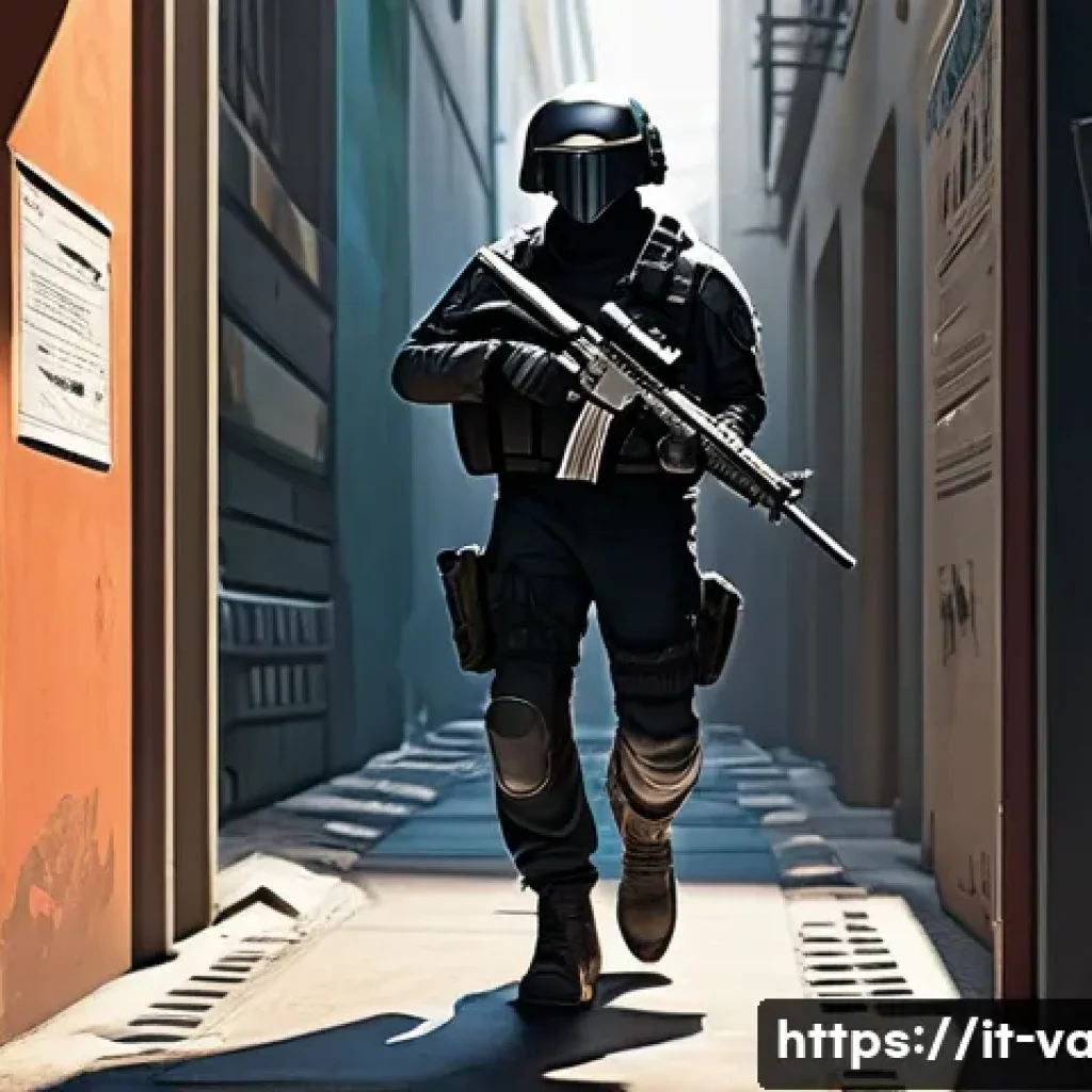 발로란트 초보자를 위한 영상 콘텐츠 - A detailed digital illustration of a tactical Valorant gameplay scene focused on movement and positi...