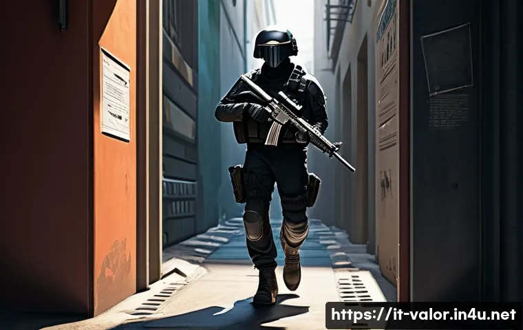 발로란트 초보자를 위한 영상 콘텐츠 - A detailed digital illustration of a tactical Valorant gameplay scene focused on movement and positi...