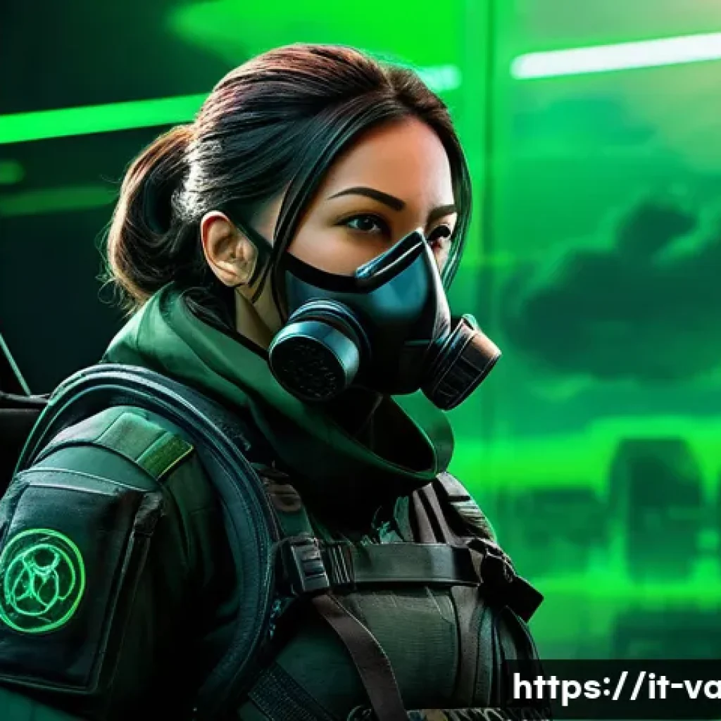 발로란트 비퍼 공략법 - A highly detailed, dynamic scene featuring a female tactical agent resembling Viper from Valorant, w...