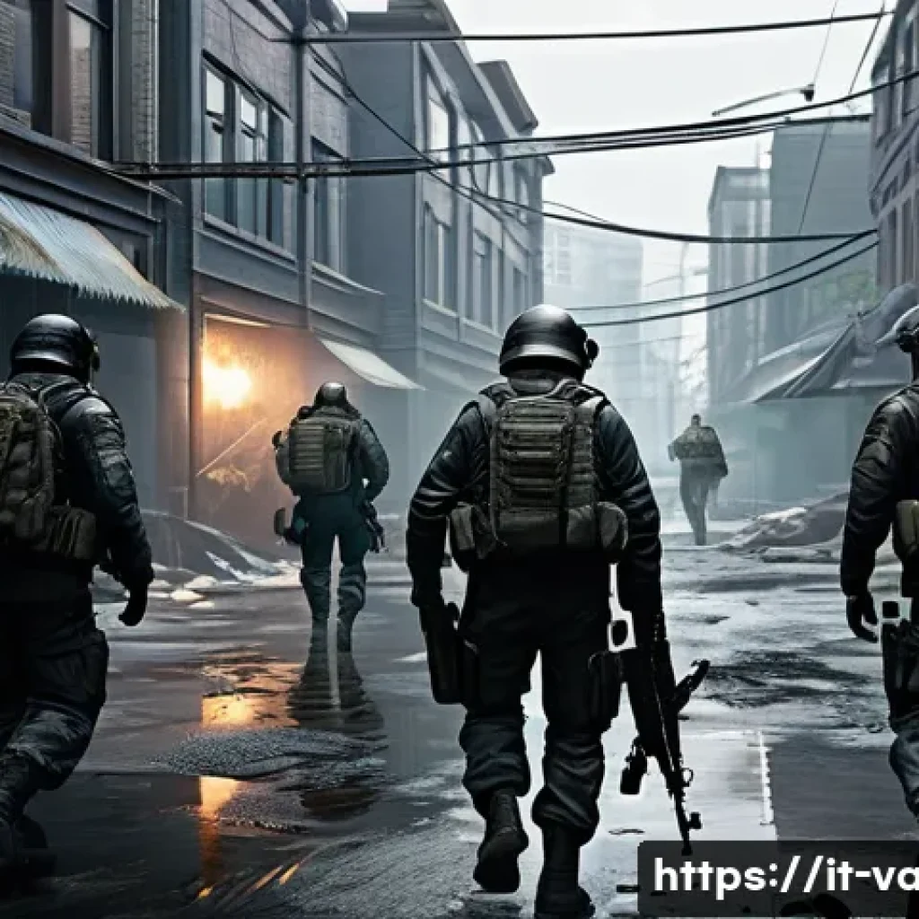 발로란트 신작과 유사 게임 비교 - A highly detailed scene of a tactical shooter game environment inspired by Escape from Tarkov: a rea...