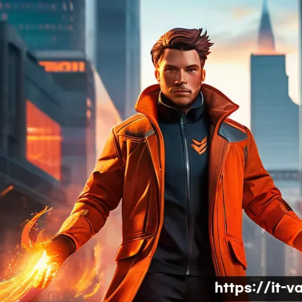 발로란트 캐릭터별 히스토리 - A detailed portrait of Phoenix from Valorant, standing confidently with fiery flames swirling around...