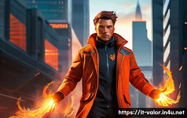 발로란트 캐릭터별 히스토리 - A detailed portrait of Phoenix from Valorant, standing confidently with fiery flames swirling around...