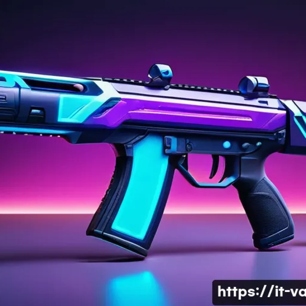 발로란트 스킨의 인기 요인 - A futuristic Valorant weapon skin design featuring sleek metallic surfaces with vibrant neon blue an...