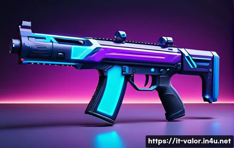 발로란트 스킨의 인기 요인 - A futuristic Valorant weapon skin design featuring sleek metallic surfaces with vibrant neon blue an...