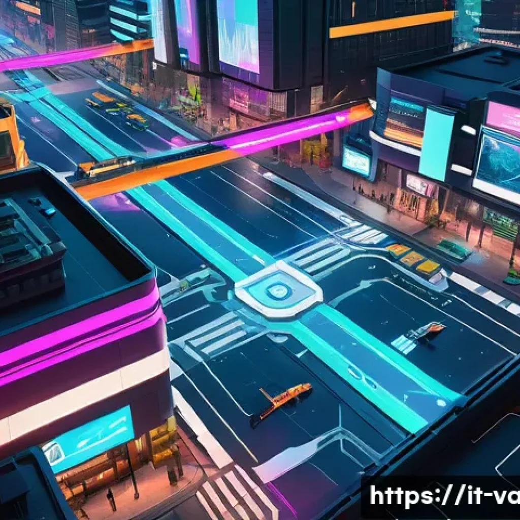 발로란트 공식 매거진 소개 - A high-tech, futuristic Valorant map overview scene showing a detailed 3D holographic projection of ...