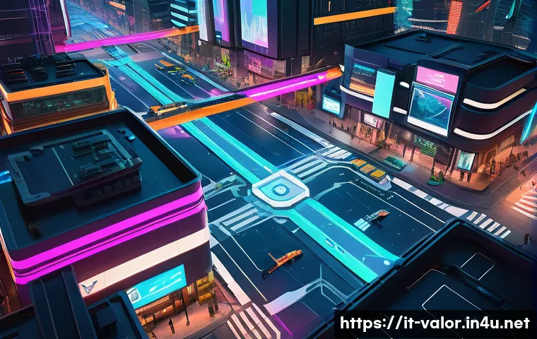 발로란트 공식 매거진 소개 - A high-tech, futuristic Valorant map overview scene showing a detailed 3D holographic projection of ...