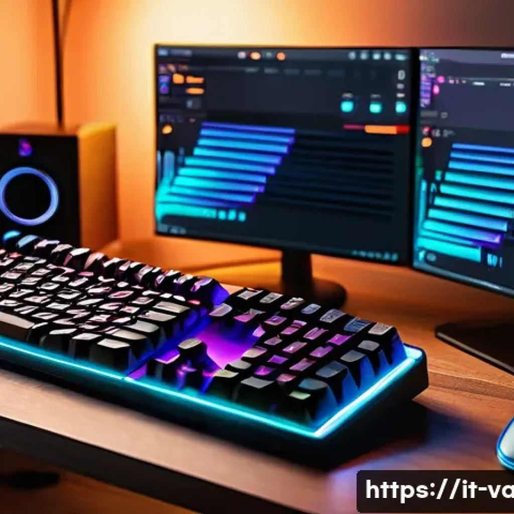 발로란트 전용 키보드 설정법 - A detailed gaming setup scene featuring an Italian gamer&rsquo;s desk with a mechanical keyboard customize...