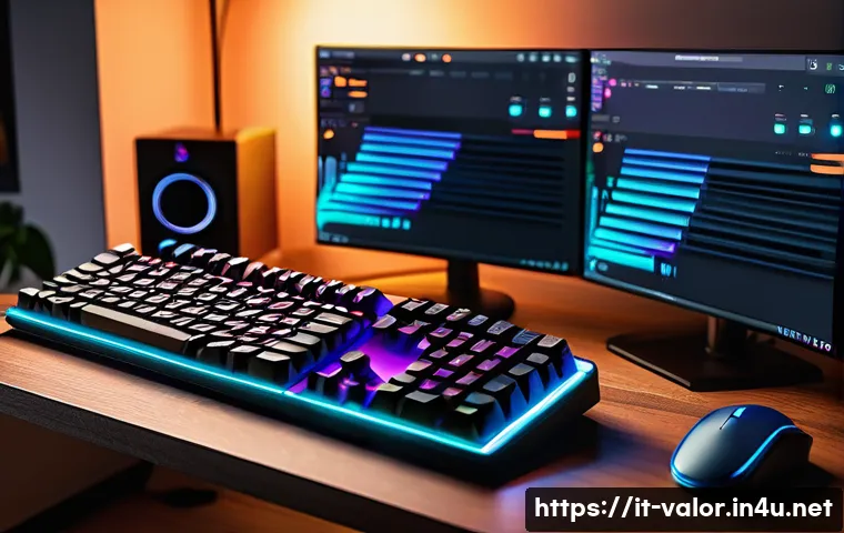 발로란트 전용 키보드 설정법 - A detailed gaming setup scene featuring an Italian gamer&rsquo;s desk with a mechanical keyboard customize...