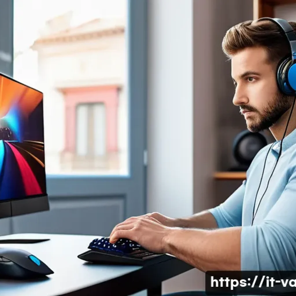 발로란트 에임 교정 방법 - A focused young adult male gamer sitting at a modern ergonomic gaming setup in a bright Italian home...