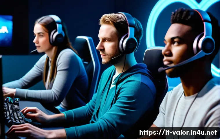 발로란트 유저간 분쟁 해결법 - A diverse group of young adult gamers in a modern, well-lit gaming room, engaged in a tense but focu...