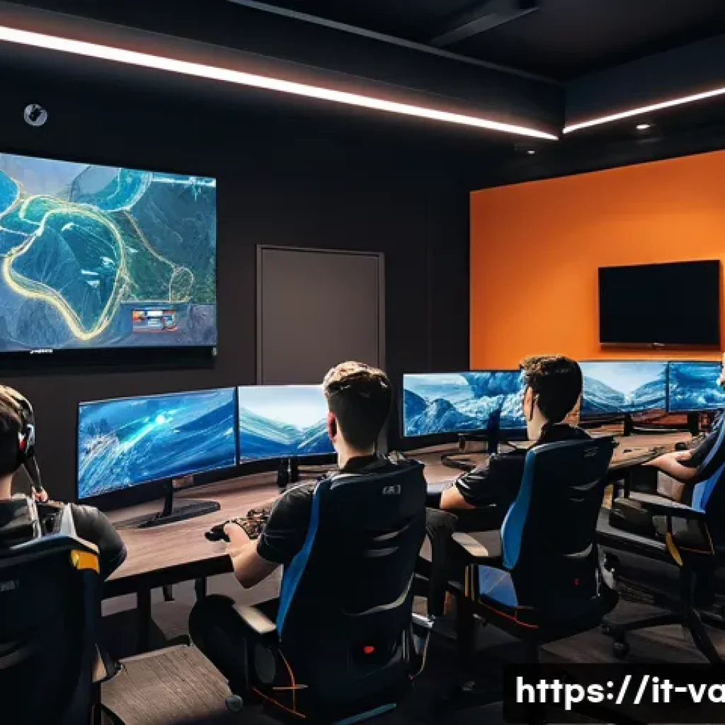 발로란트 커스텀 게임 활용법 - A detailed esports training scene showing a diverse team of young adults in a modern gaming room, fo...