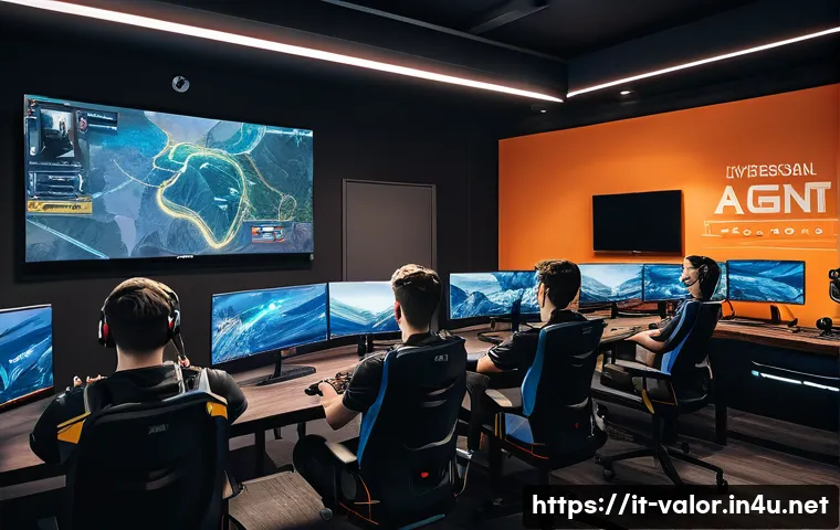 발로란트 커스텀 게임 활용법 - A detailed esports training scene showing a diverse team of young adults in a modern gaming room, fo...