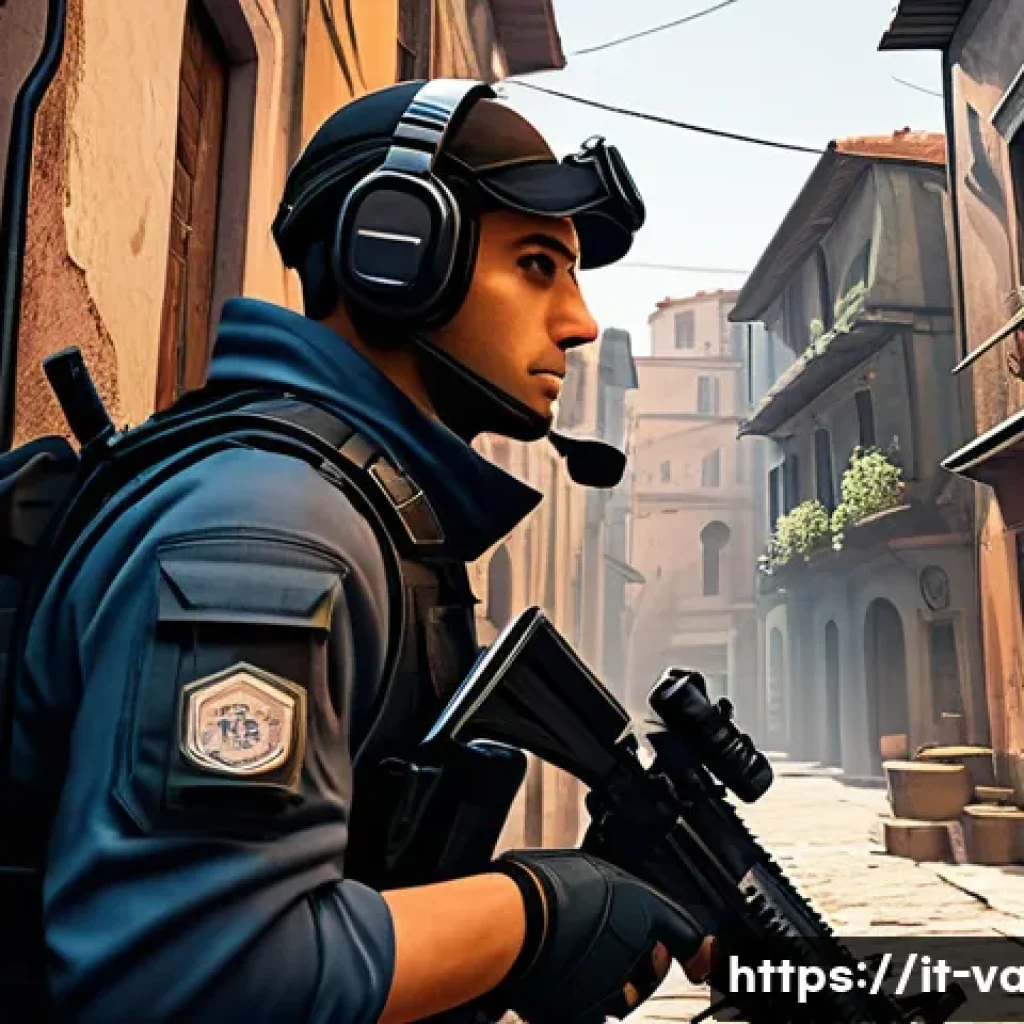 발로란트 단독 매치 승리 전략 - A dynamic tactical shooter scene set in an urban map inspired by Italian architecture, featuring a l...