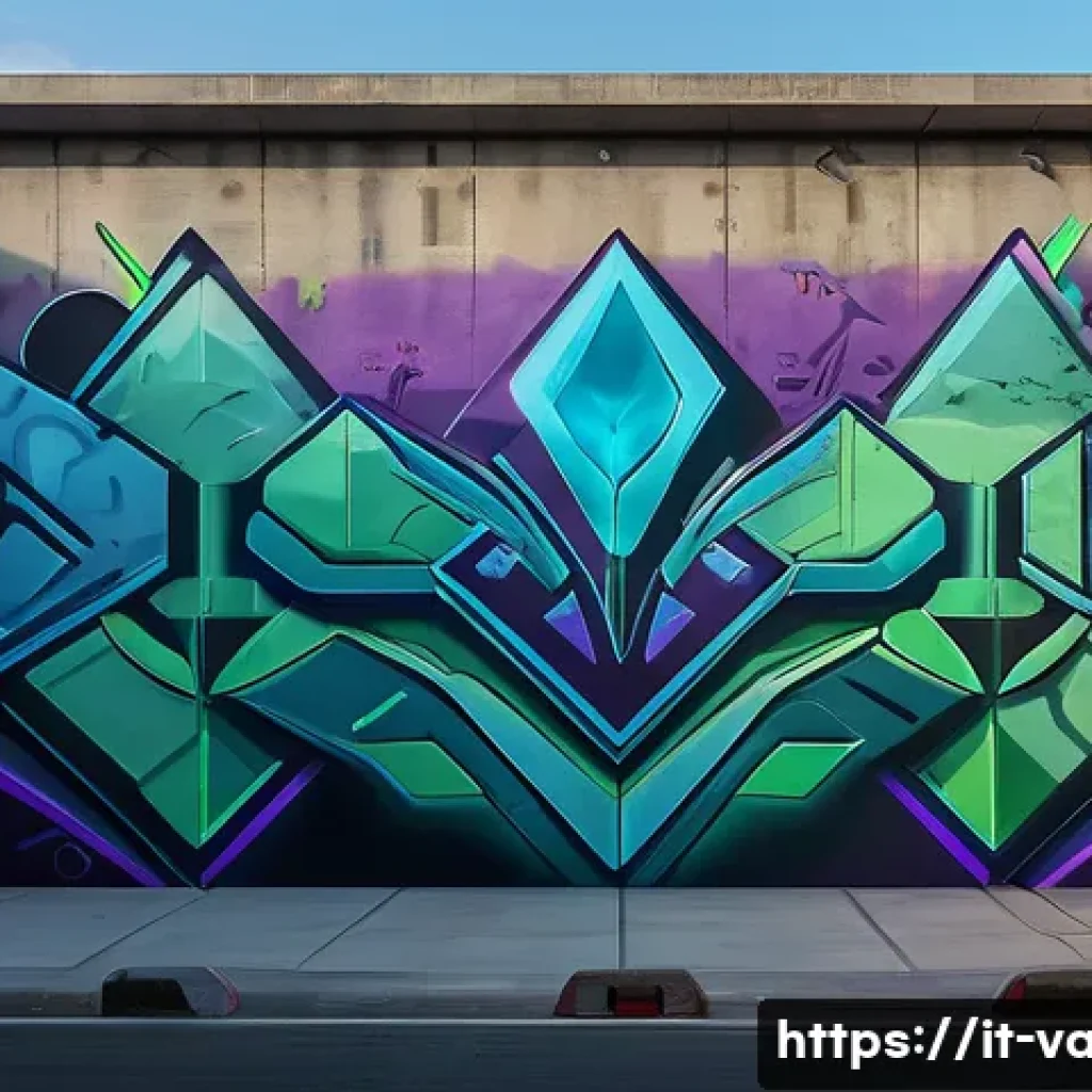 발로란트 이스터에그 찾기 - A vibrant, hidden mural on a concrete wall in a futuristic urban Valorant map, glowing subtly and sh...