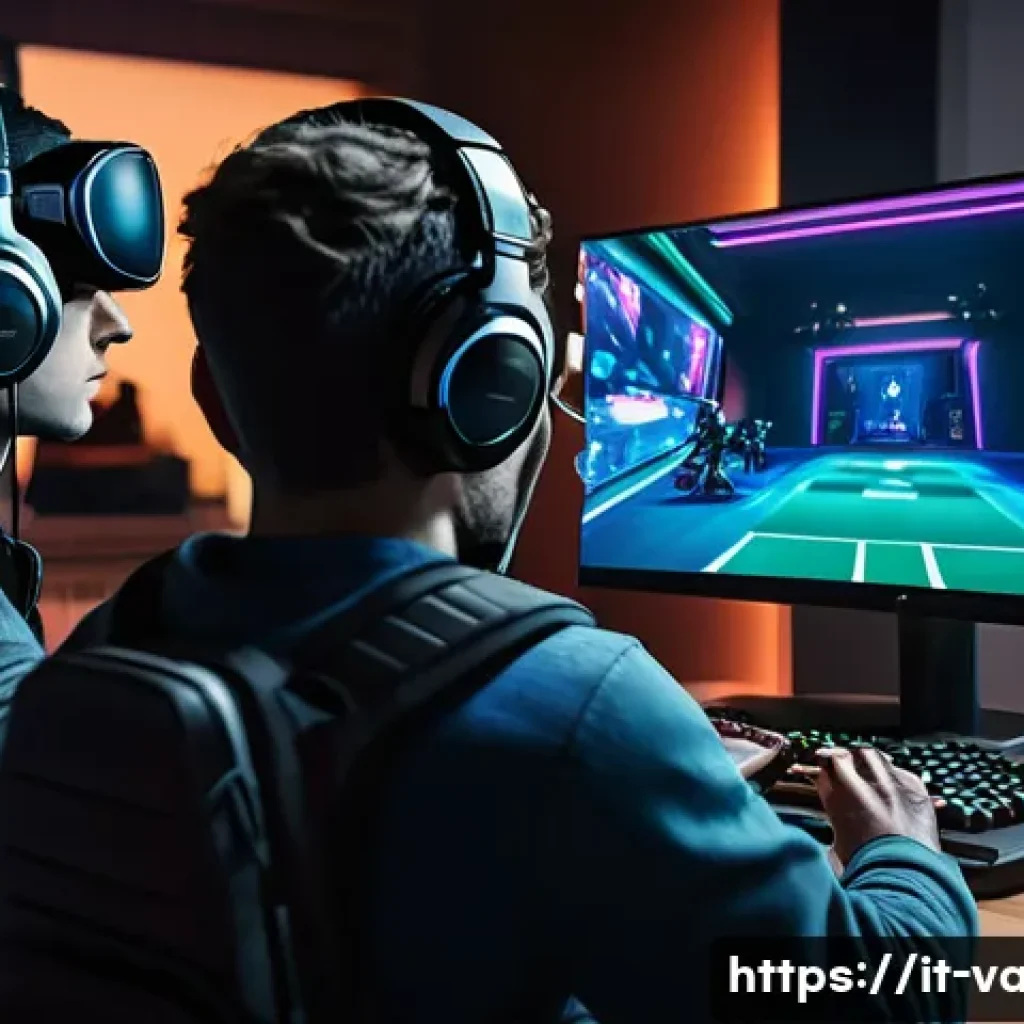 발로란트 무료 경험치 획득법 - A dynamic gaming scene showing a diverse group of friends playing Valorant together in a cozy, moder...