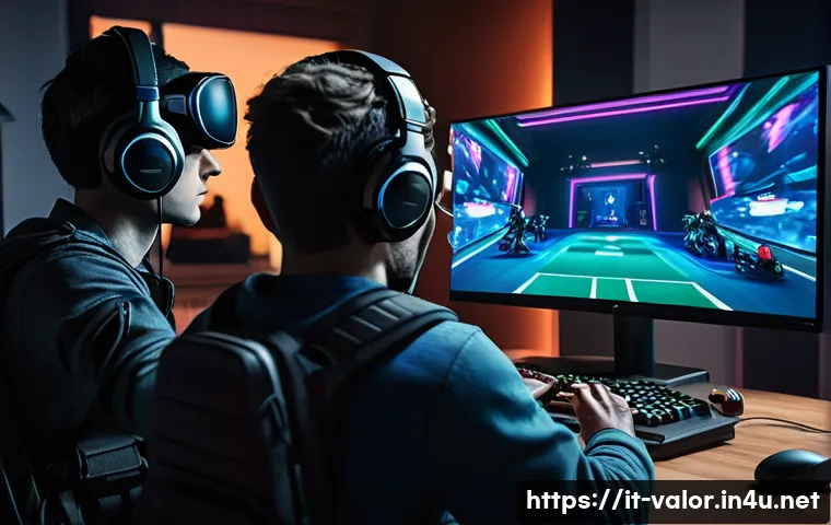 발로란트 무료 경험치 획득법 - A dynamic gaming scene showing a diverse group of friends playing Valorant together in a cozy, moder...