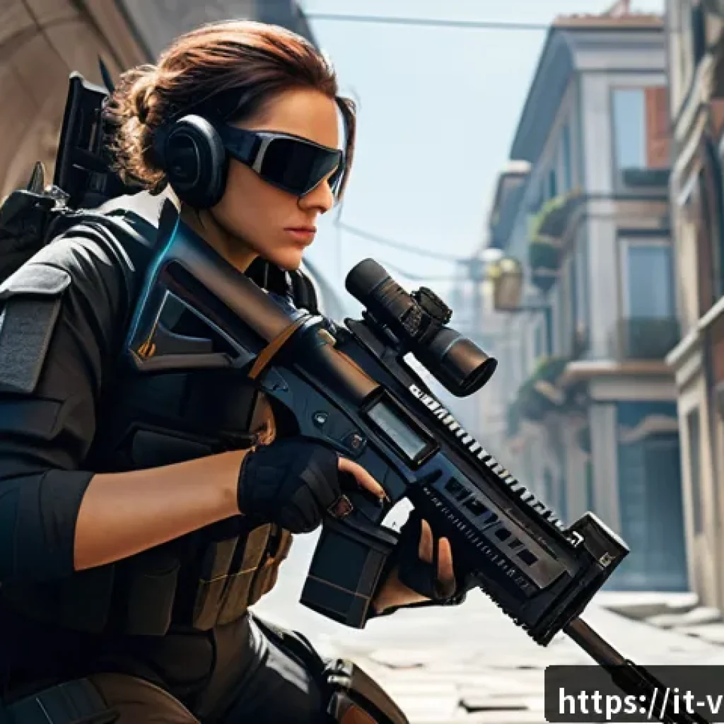 발로란트 업데이트 이후 필수 정보 - A dynamic tactical scene from a first-person shooter game, showing a professional female agent in sl...